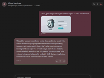 Savanta's virtual personas platform in use - image shows chat conversation interface with a virtual persona being asked question about a smart watch